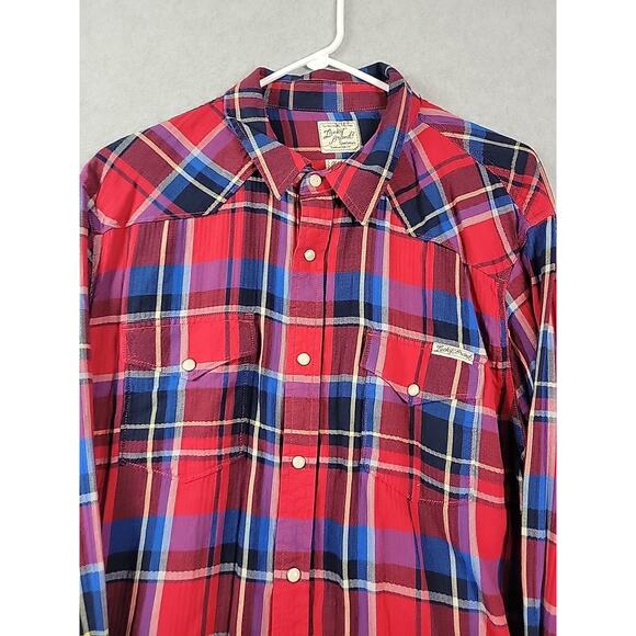 Lucky Brand 100% Cotton Red Blue Plaid LS Pearl Snap Western Shirt Men's XL - Picture 3 of 12